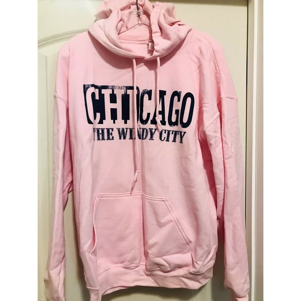 NWOT 💗 Cozy Chicago Illinois The Windy City Pink Fleece Hoodie Womens Sz L Lg